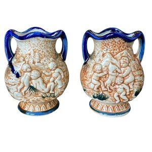 Japanese Majolica Vases Double Handled Urn Cobalt Blue Cherubs #49 Set of 2